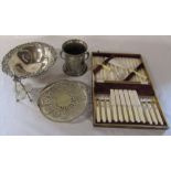 Assorted silver plate inc cased set of fish knives and forks, bowl and salt stand
