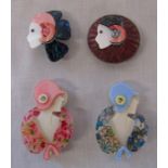 Set of 4 Lea Stein style brooches Art Deco ladies design (all new)