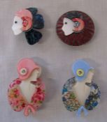Set of 4 Lea Stein style brooches Art Deco ladies design (all new)