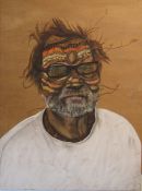 Large Scott Marr (b. 1976 Australian) pyrography and natural pigment on board 'Sticking to His Guns'