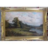 Gilt framed oil on canvas 'On the Ribble' by H Jones 91 cm x 64 cm (size including frame)