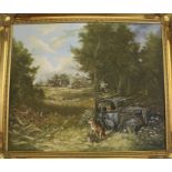 Large framed oil on canvas entitled "Our Popular Home" depicting foxes in a rural setting by