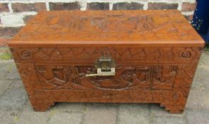 Oriental carved wooden chest / trunk with lock L 73 cm H 39 cm