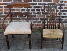 Victorian mahogany carver dining chair & 1930s rush seated chair