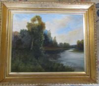 Gilt framed oil on canvas of a river scene signed P Dest 73 cm x 63 cm (size including frame)
