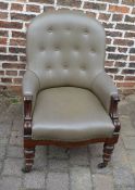 Victorian button back mahogany arm chair with scroll arm supports & turned legs