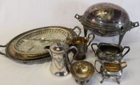 Selection of silver plate including roll top breakfast serving tureen, trays, button hook and silver