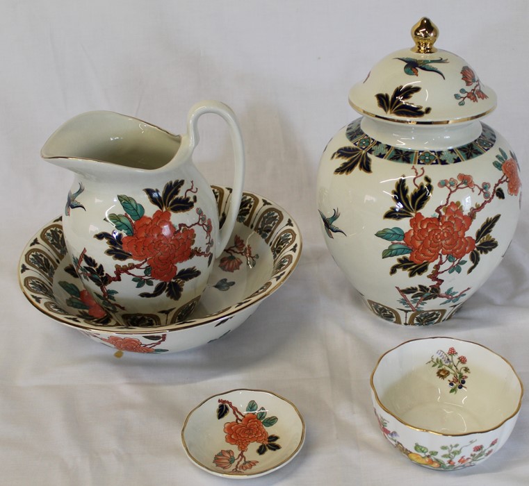 Old Foley "Eastern Glory" jug and bowl, lidded pot and pin dish and Aynsley Somerset bowl