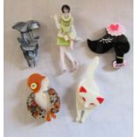 5 brand new Lea Stein style brooches inc dog, cat and Deco ladies