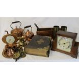 Elliott mantel clock, 2 brass shell cases dated Sept 1917, copper trough, large family bible, copper