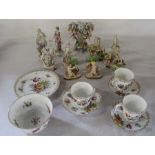 Selection of Dresden hand-painted teaware and Continental figure groups