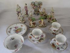Selection of Dresden hand-painted teaware and Continental figure groups