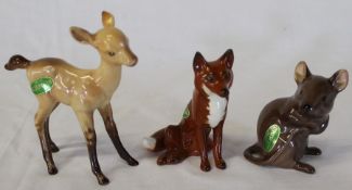 Beswick seated fox, mouse & deer all with original labels
