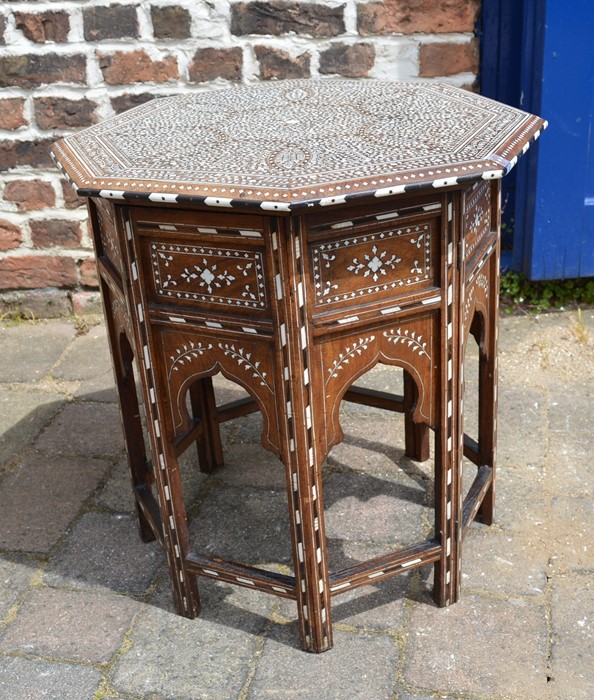 Eastern inlaid octagonal table on a folding base & inlaid with mahogany & ivory - Image 2 of 3