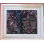 M Evans 1960's painting of two psychedelic faces signed and dated 1969 65 cm x 55 cm (size including