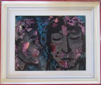 M Evans 1960's painting of two psychedelic faces signed and dated 1969 65 cm x 55 cm (size including