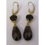 Pair of 9ct gold smokey quartz drop earrings L 4.5 cm total weight 4.8 g