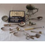 Various silver plate inc tankard, sugar tongs, cutlery, pin tray, scissor set etc