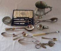 Various silver plate inc tankard, sugar tongs, cutlery, pin tray, scissor set etc