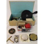 Selection of compacts, hand mirror, cufflinks, gardening medals, clock winder, pen kives etc.