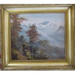 Gilt framed oil on canvas possibly signed MG of a mountainous / plantation landscape 52 cm x 46