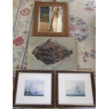 Carved bevel edged mirror, pair of prints & a fish picture