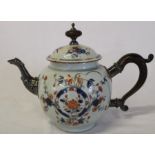 Chinese porcelain teapot with white metal spout, wooden handle & wooden and white metal finial (