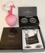 Pink ribbed cased glass vase with frilled rim, pair of Royal Doulton clear glass candlesticks (new