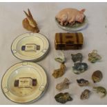 Sleeping pig ornament, Hungarian rabbit, 2 Player's ashtrays, Wade chest & selection of Whimsies