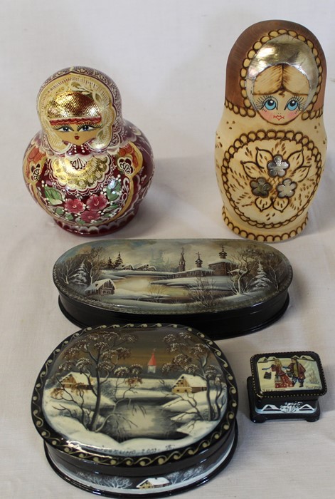 Fedoskino Russian lacquered box & 2 others with hand-painted scenes & 2 sets of Russian dolls