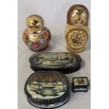 Fedoskino Russian lacquered box & 2 others with hand-painted scenes & 2 sets of Russian dolls