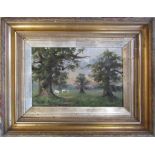 Gilt framed oil on canvas of cattle in a field by William Wright (damage to canvas) 54 cm x 42 cm (
