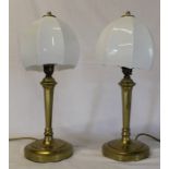 Pair of brass table lamps with opaque glass shades