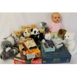 Large vintage doll, woodwool filled mohair dog, Monopoly, Trivial Pursuit & Scrabble, selection of