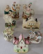 2 Staffordshire figures with sheep (1 a/f), 4 pastille cottages and lady holding sheep on a
