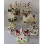 2 Staffordshire figures with sheep (1 a/f), 4 pastille cottages and lady holding sheep on a