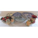 Various ceramics inc blue and white, fish dish and character jugs inc Royal Doulton