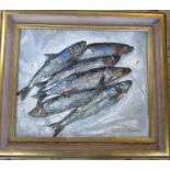 Framed and glazed oil on canvas painting of fish by Valerie Fraser 77 cm x 67 cm (size including