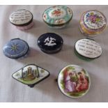 Selection of enamel patch boxes inc Halcyon Days (one with lid only)