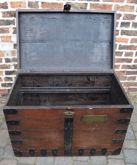 19th century oak sea chest with wrought iron strap work & 4 drop handles with brass name plate - Image 2 of 3