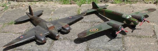 Trench art world war two era wooden Mosquito type plane and twin engine fighter type plane
