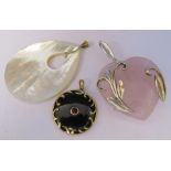 3 necklace pendants - mother of pearl with 9ct gold bail L 6 cm, heart shaped rose pink quartz