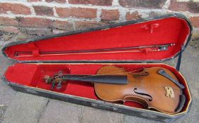 German full sized violin with bow and case (af) label 'copie of Stradivarius made in Germany'