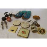 Selection of compacts, pair of Persian slippers, Mauchline ware dish, 2 miniature Coronation coach &