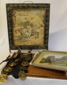 Large wooden tray, selection of old horse brasses on leather straps, fire screen & vintage hunting