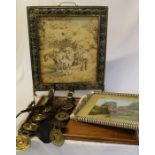 Large wooden tray, selection of old horse brasses on leather straps, fire screen & vintage hunting