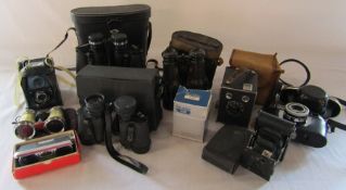 Assorted binoculars and cameras inc Hanimex, Aico, Ensign, Halina & Canadian Kodak Co Ltd