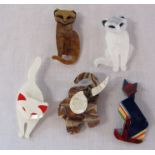 5 brand new Lea Stein style animal brooches inc cats and elephant