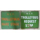 2 vintage Nottingham City Transport enamel trolley bus signs 40 cm x 38 cm