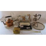 Various silver plate inc trays, coffee pot, candlesticks etc and brassware